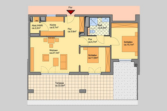 Wohnungsgrundriss einer 3-Zimmer Wohnung (PH)Wohnungsgrundriss einer 3-Zimmer Wohnung